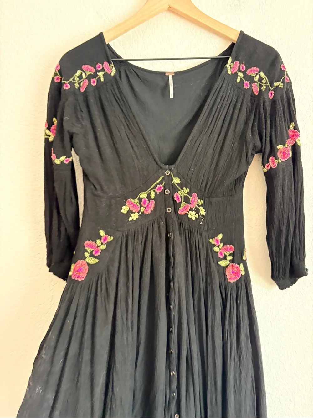 Free People Day Flow Black Floral Embroidered Midi Dress